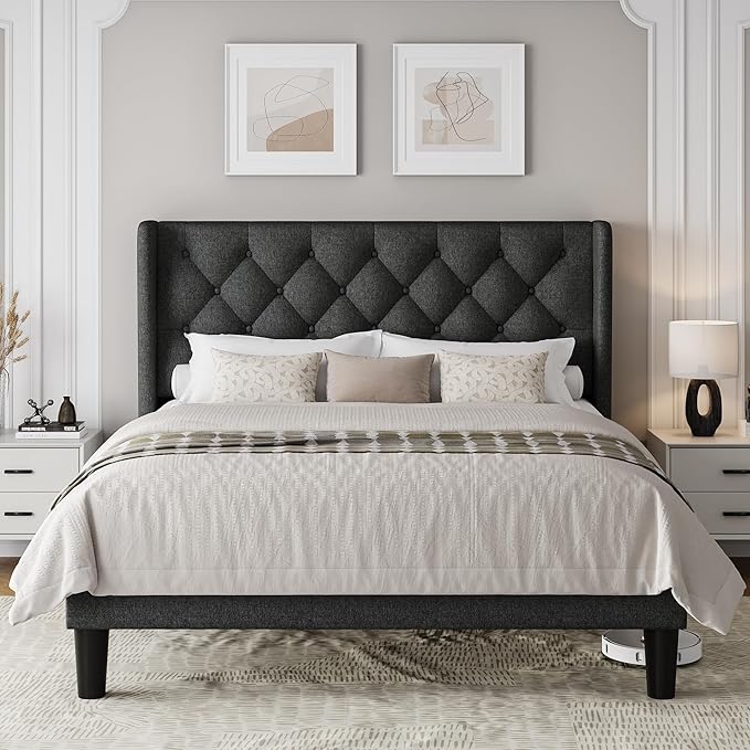 Einhomn Queen Size Platform Bed Frame with Fabric Upholstered Wingback Headboard, 8" Under Bed Space, Wooden & Metal Slats Support, No Box Spring Needed, Dark Gray