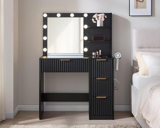 AMERLIFE 36.2" Fluted Vanity Desk with Mirror and Adjustable LED Lights, Large 4 Drawers Makeup Vanity Table with Glass Top and Charging Station for Women and Girls, Bedroom or Dorm, Black