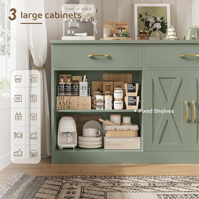 HOSTACK 71" Large Sideboard Buffet Cabinet with Storage, Farmhouse Coffee Bar Cabinet with 3 Drawers, Long Kitchen Buffet Table, Kitchen Sideboard Storage Cabinet for Dining Room, Living Room, Green