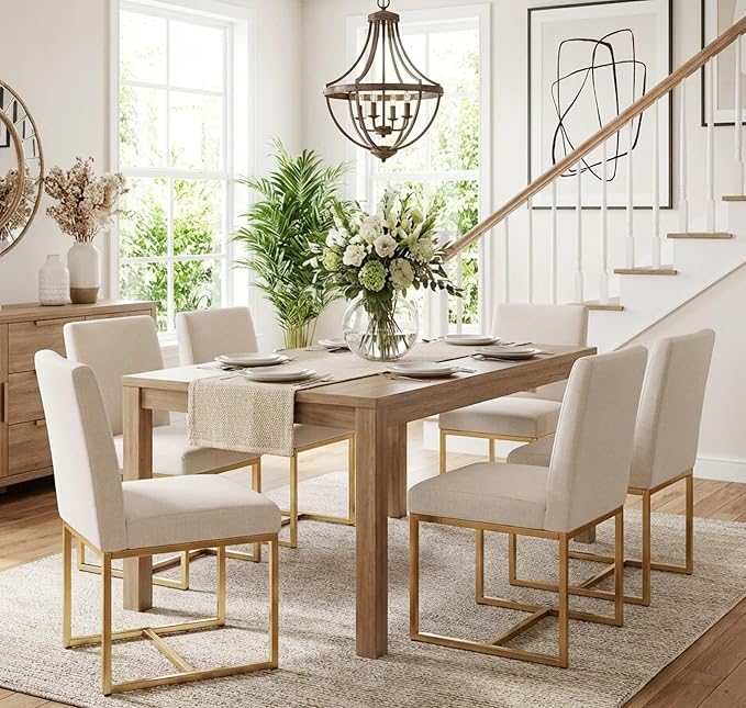 VESCASA Linen Upholstered Dining Chairs Set of 4, Mid Century Modern Padded Chair with Gold Metal Frame for Restaurant, Dining Room, Kitchen, Cream