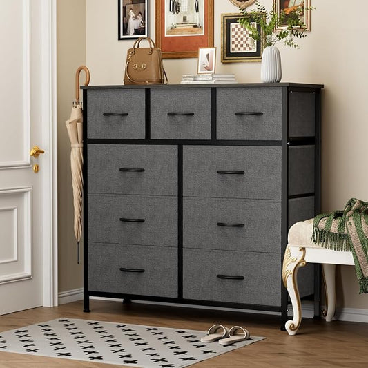 OLIXIS 9-Drawer Fabric Storage Dresser Chest Organizer Unit, Grey | Sturdy and lightweight fabric drawers with easy-pull handles,Space-saving versatile organizer for clothes, bedroom