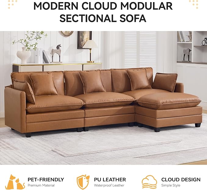 111'' Sectional Cloud Deep Seat Couch, Modern Comfy Leather L Shaped Sectional Sofa for Living Room Set, Upholstered Modular 4-Seats Sofa Couch with 1 Movable Ottoman, Leather Light Brown