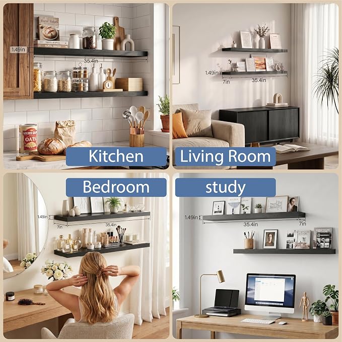 Floating Shelves for Wall, Bathroom Shelves Over Toilet, Wall Shelves & Book Shelf for Room, Hanging Shelf, Modern Wooden Mounted Floating Shelves, 36x7x1.5 in (Black, Set of 2)