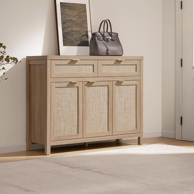SICOTAS Rattan Sideboard Buffet Cabinet with Storage, Boho Credenza Accent Cabinet with 3 Doors and 2 Drawers, Farmhouse Console Coffee Bar for Kitchen, Living Room, and Entryway, Light Oak