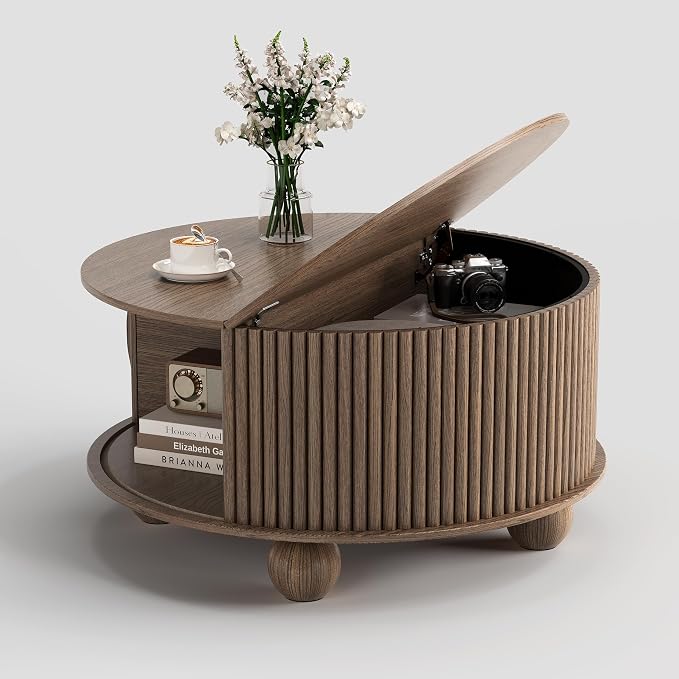 JOINICE Round Coffee Table with Storage, 31.5" Walnut Fluted Drum Center Table, Mid Century Modern Wood Circle Table with Sliding Door & Bun Feet for Living Room