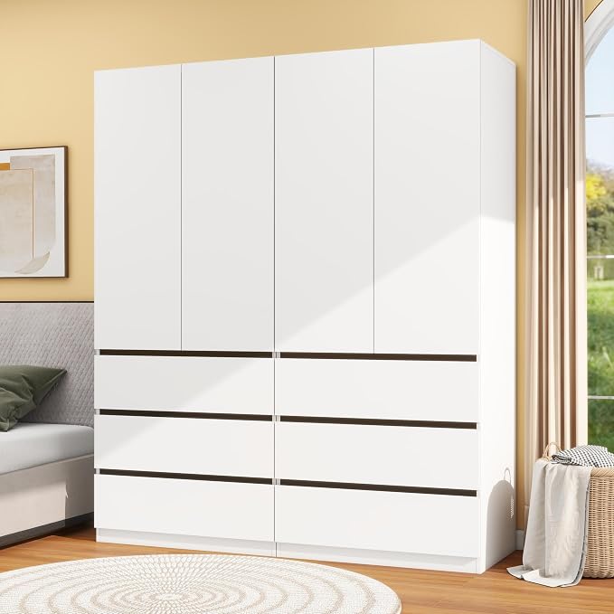 Bedroom Armoire Wardrobe Closet with 6 Drawers: White Wardrobe Closet with 4 Doors, Modern Cabinet for Clothes with Shelves, Wooden Armoire for Hanging Clothes (Modern, 2)