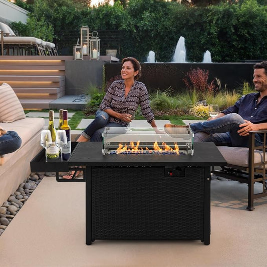 Tangkula Patio Propane Fire Pit Table, 52 Inch Wicker Gas Fire Pit with Wind Guard & Extended Shelf, 50,000 BTU Heat Output, Rectangular Fire Table with Blue Fire Stone & Waterproof Cover (Black)