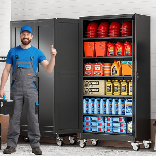 73.6" Metal Garage Storage Cabinet with Wheels and Locking Doors | Tall Rolling Steel Tool Cabinet with 5 Adjustable Shelves for Garage,Home Office(Black, 73.6''H x 35.4''W x17.7''D)