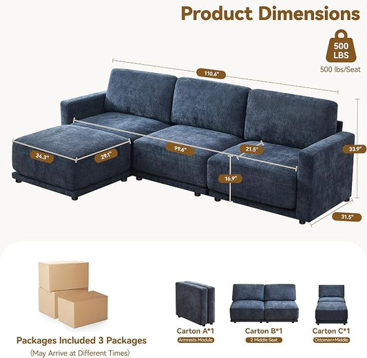 110.6" L Shaped Sectional Sofa, Modular Cloud Deep Seat Couch with Movable Ottoman, Oversized Thicked 4-Seats Sofas for Living Room, Chenille Blue