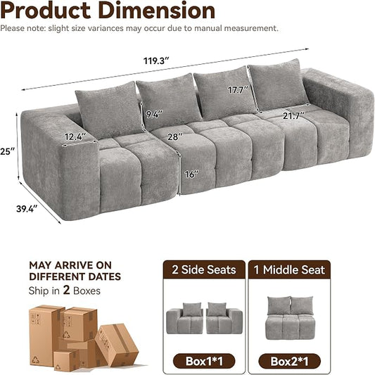 119" Oversized 3 Seater Boneless Couch, Comfy Cloud Modular Sectional Sofa with Deep Seat, Modern Memory Foam Boneless Couches for Living Room, Tufted Sofa, No Assembly Required, Light Grey