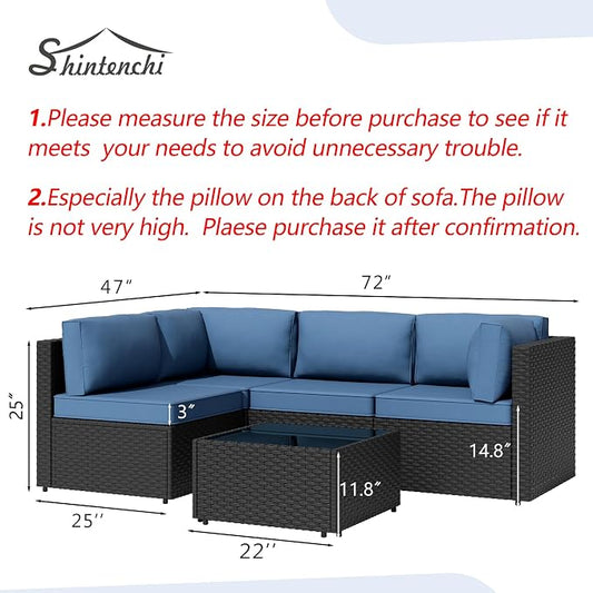 5 Piece Outdoor Patio Furniture Set,Black PE Rattan Wicker Sectional Sofa, All Weather Conversation Set with Washable Cushions & Glass Coffee Table for Backyard Poolside Garden Porch,Navy Blue