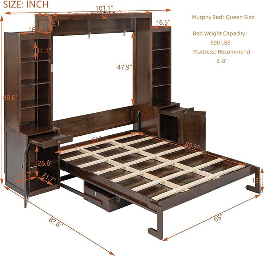 Merax Queen Size Murphy Bed with Desk and LED Lights, Power Outlet, Foldable Murphy Cabinet Bed with Open Storage Shelves & Drawers, Wood Space-Saving Hidden Wall Bed for Guest Room, Dark-Brown