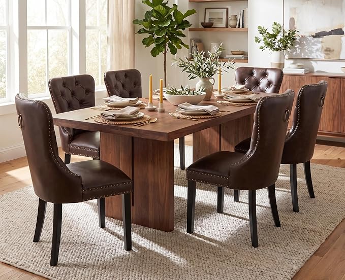 EALSON Modern Dining Chairs Set of 2 Mid Century Leather Dining Room Chairs with Wood Legs Tufted Upholstered Kitchen Side Chairs with Nail Head Trim for Dining Room/Living Room, Coffee with Ring