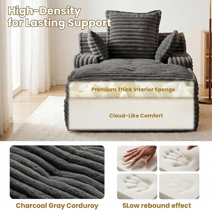 57 Inch Chaise Lounge Chair Indoor, Corduroy Upholstered Boneless Sofa Bed, Deep Seat Sleeper Couch Reading Chairs, Small Comfy Cloud Sofas Couches for Living Room, Bedroom, Grey
