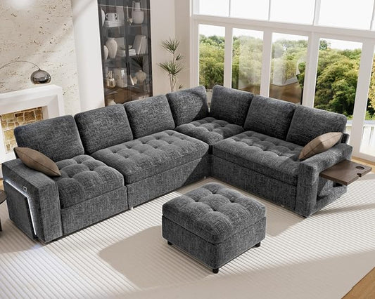Vipbear 7 Seat L Shaped Modular Sectional Sleeper Sofa Bed with Ottoman/Pull Out Bed/Reclining Backrest/USB Ports/Table/LED Light/Storage Seat, Tool-Free Assembly, Dark Grey