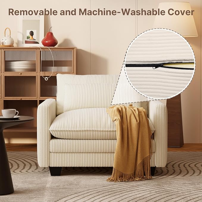 Gizoon Cloud Accent Chair with Washable Cover, Corduroy Single Sofa Chair with Comfy Deep Seat, Modern Armchair with Pillow for Living Room Bedroom, Beige