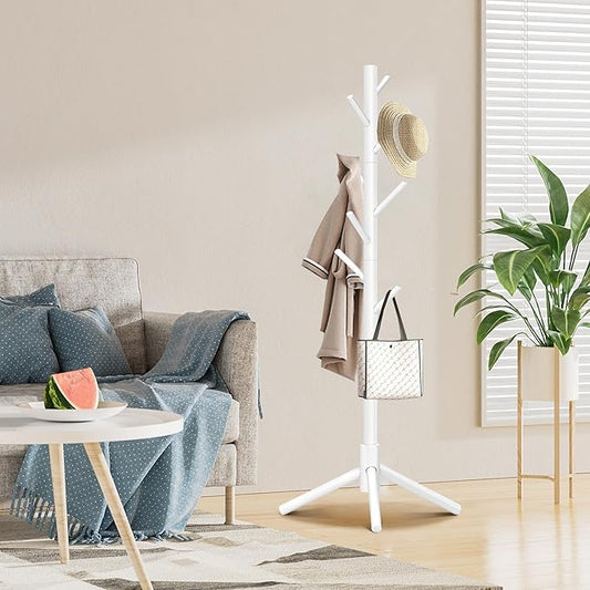Coat Rack, Coat Racks Freestanding with 8 Hooks 3 Adjustable Heights for Clothes, Hats, Handbags, Coat Tree Easy Assembly for Entryway, Bedroom, Hallway, Office(White 2PCS)