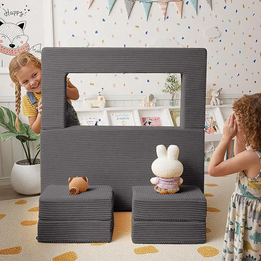 MeMoreCool Modular Kids Couch, Corduroy Play Toddler Couch for Bedroom Playroom Furniture, Convertible Foam Kids Sofa Bed, Fold Out Baby Sofa for Girl Boy, Dark Grey