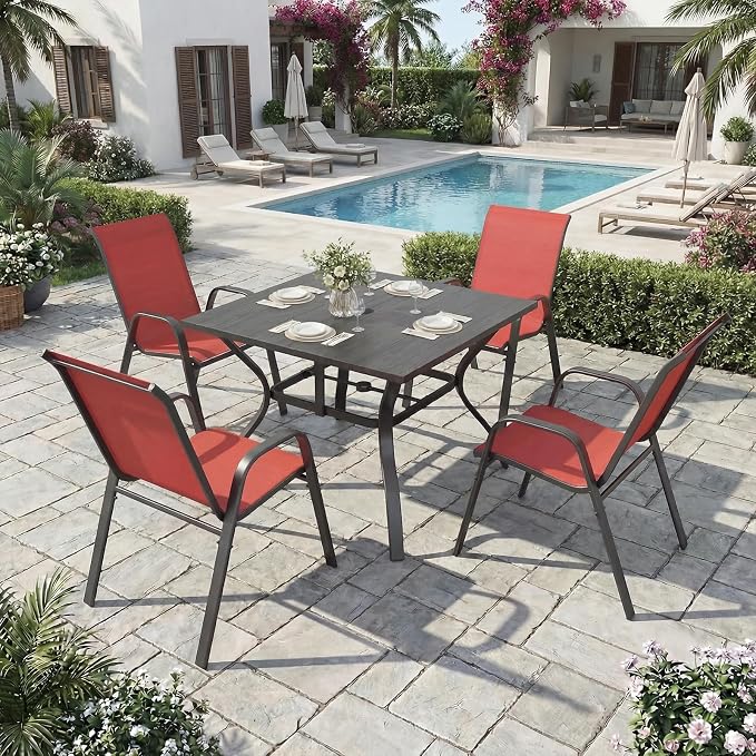 Outdoor Dining Set for 6, 7pcs Patio Table and Chairs Set with Adjustable Umbrella Hole,Heavy Duty 63”x37.8” Metal Dining Table and Stackable Patio Chair for Yard, Garden, Porch