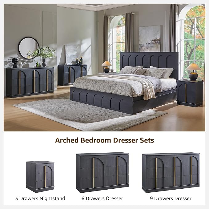 ACCOHOHO Arched Dresser for Bedroom with 9 Drawers, 52" Wide Modern Chest of Drawers with Rounded Edge & Metal Handles, Wood Storage Closet Dressers TV Stand for Living Room, Hallway, Black