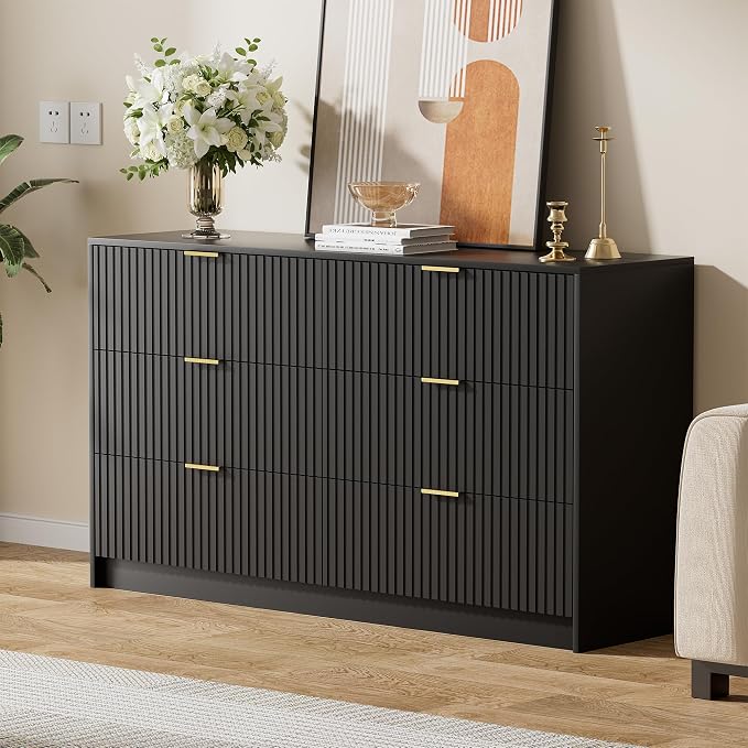 Furniway Black Dresser for Bedroom, Modern Dresser with 6 Drawers and Smooth Slides, Wide Chest of Drawers with Golden Handles for Bedroom, Living Room, Closet, 15.7" D x 55.1" W x 31.4" H