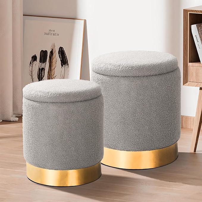 Round Ottoman with Storage Set of 2 Vanity Stool, Footstool with Removable Lid Small Ottoman Stool Small for Living Room, Bedroom, Hallway, Dorm, Assembly Free Teddy Fleece (Sherpa Gray)