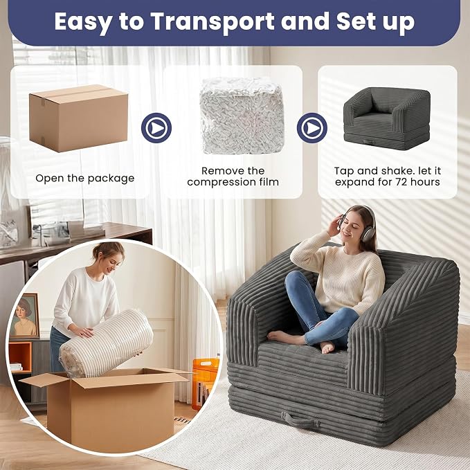 JUIKURY Convertible Sofa Bed, 3-in-1 Foldable Loveseat Couch with Armrest, Corduroy Floor Sofa & Sleeper Bed, No Assembly High-Density Foam Futon Mattress for Living Room, Small Apartment, Dorm