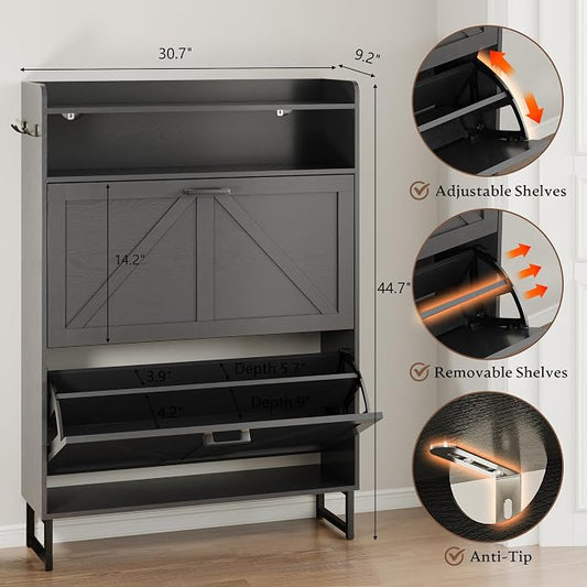 BORNOON Shoe Cabinet with 2 Flip Drawers Narrow Shoe Storage Cabinet Organizer Wooden Freestanding Rack Hidden Slim Storage for Entryway, Hallway, Living Room, Bedroom