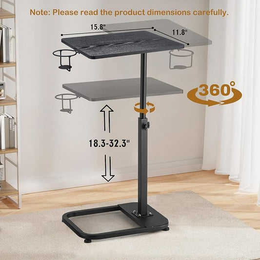 facka Multi-Functional C-Shaped End Table for Couch & Bed, Adjustable Height TV Tray, Stable Laptop Desk, Space-Saving Snack Side Table with Rounded Metal Corners
