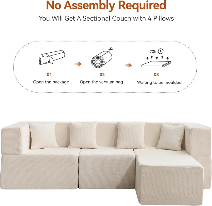 MONVANE 103'' Modular Sectional Sofa, Cloud Sectional Couch with Ottoman, Convertible Chenille L Shaped Couch with Deep Seat, Sectional Couches for Living Room Bedroom, No Assembly Required, Beige