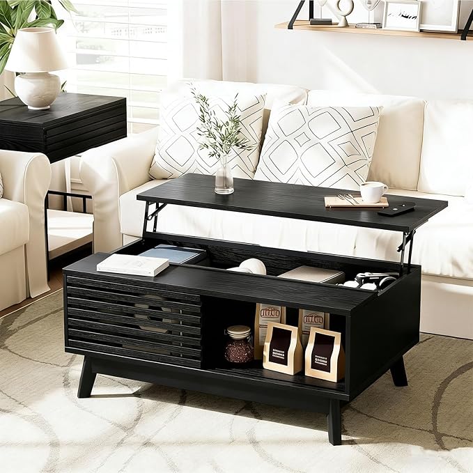 HAIOOU Lift Top Coffee Table, Mid Century Modern Coffee Table with Hidden Storage for Living Room, 35.4" Lift Tabletop Coffee Tables with Sliding Fence Door for Dining Working (Black)