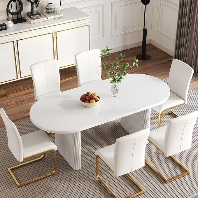 homary Oval Dining Table for 4-6, 63"-79" Extendable Kitchen Table, Japandi Wooden Dining Room Table with Pedestal Base (White, 63"-79" (Seats 4-6))