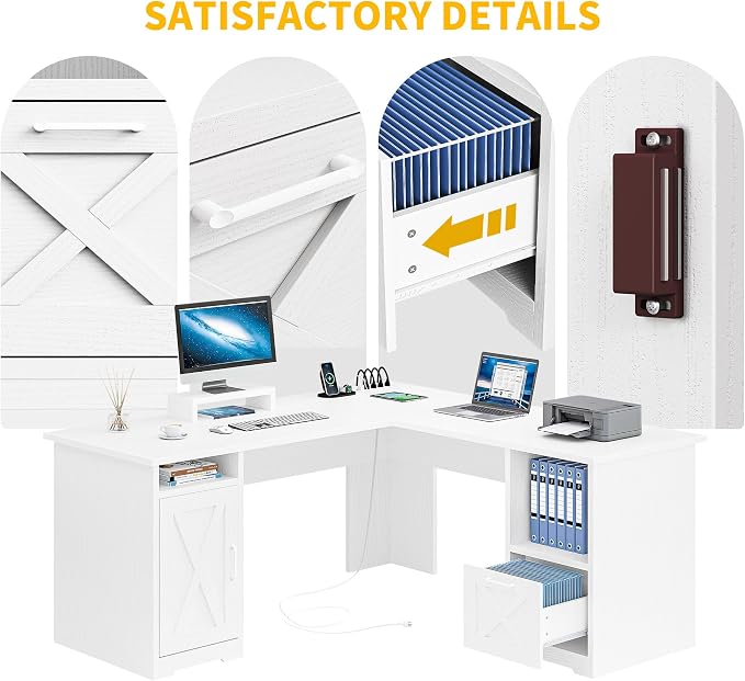 DWVO L Shaped Desk with File Drawer, 60" Corner Computer Desk with Power Outlets, Home Office Desk with Monitor Stand & Storage Shelves & File Cabinet, White