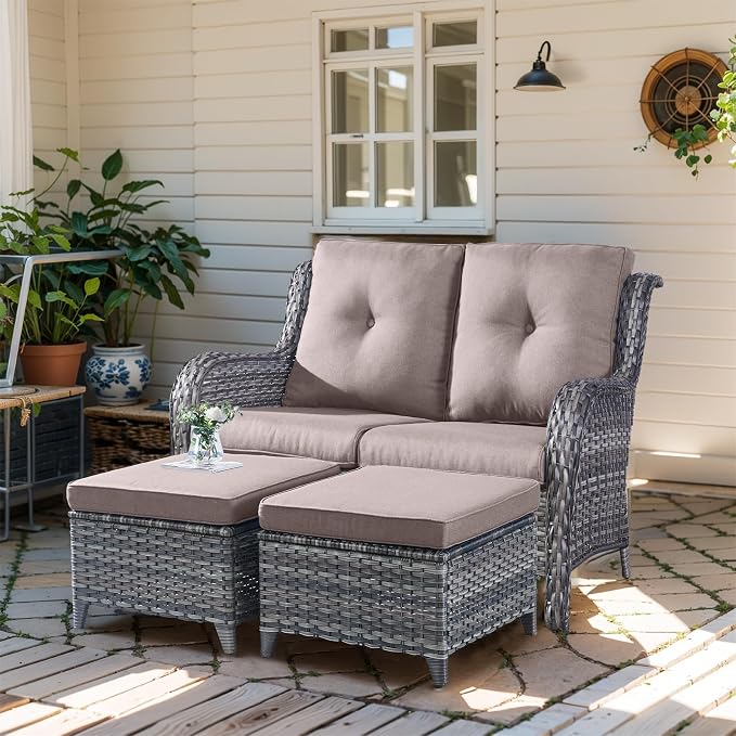 Outdoor Loveseat Sofa - 3 Piece Patio Furniture with Ottoman Deep Seating Patio Couch for Porch Deck Garden Backyard - Grey/Grey