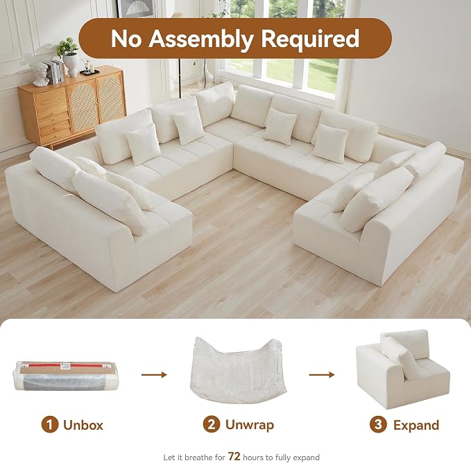 140''Modular Sectional Couches for Living Room, Cloud Boneless Compressed Sectional Sofa, Oversized U Shaped 9 Seater Upholstered Memory Foam Sofa, No Assembly, Chenille Beige