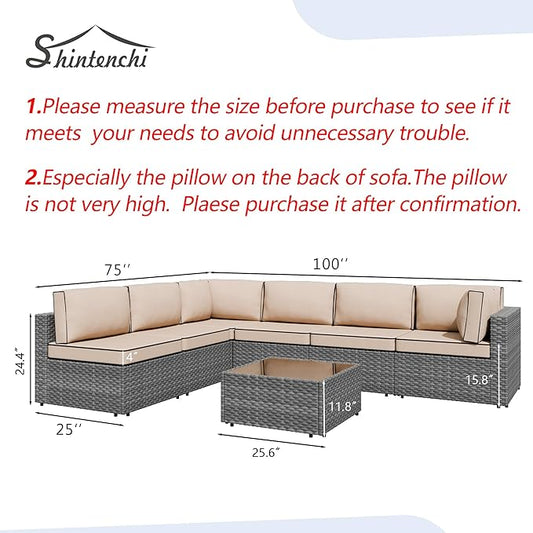 7 Piece Outdoor Patio Furniture Set,Silver PE Rattan Wicker Sectional Sofa, All Weather Conversation Set with Washable Cushions & Glass Coffee Table for Backyard Poolside Garden Porch,Khaki