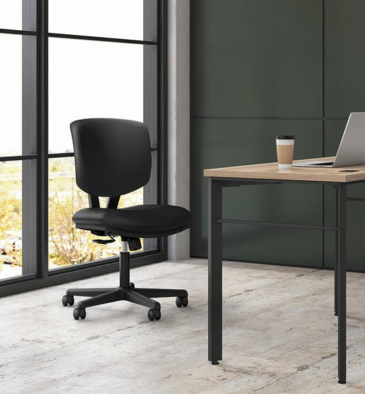 HON Volt Ergonomic Office Chair with Bonded Leather Seat and Back, Armless Desk and Computer Chair with Adjustable Center‑Tilt Recline and Wheels for Home Office or Workstation, Black