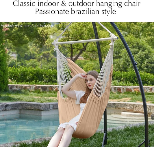 PNAEUT Hammock Chair Hanging Rope Swing for Outside Indoor for Bedroom, Outdoor, Patio (Tan)