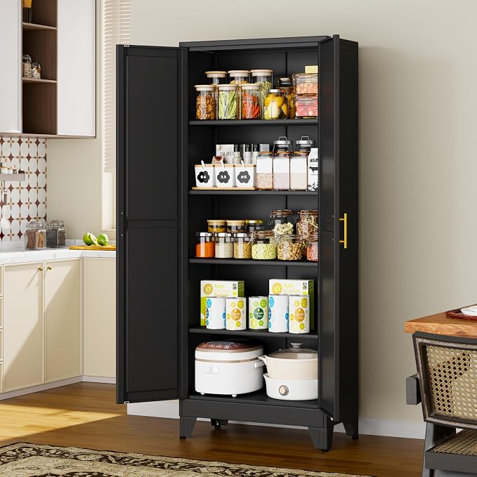 71" Black Metal Storage Cabinet with 2 Doors and 4 Adjustable Shelves,Steel Garage Tool Cabinet, File Cabinet,Kitchen Pantry Cabinet for Home,Office,Garage,School,Warehouse