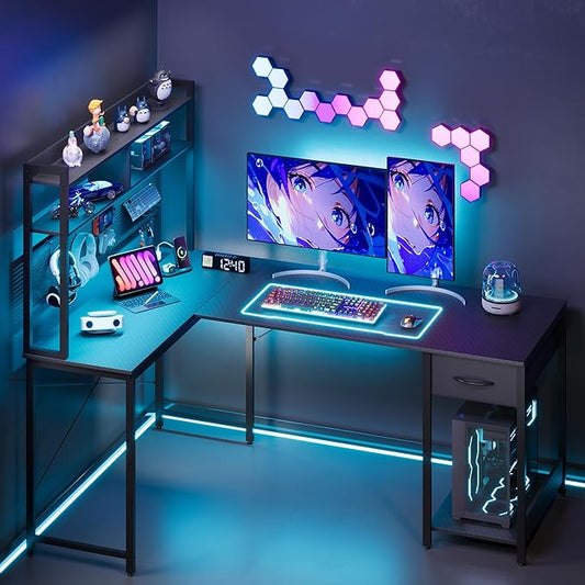 Apicizon L Shaped Gaming Desk 53", Reversible Corner Computer Desk with LED Lights, Carbon Fiber Surface, Pegboard with Hooks, Drawer & PC Tower Stand, USB Charging Port