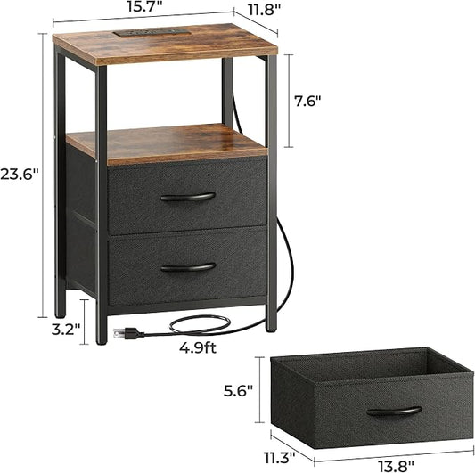 Huuger Nightstands Set of 2, End Tables with Charging Station, Side Tables with Fabric Drawers, Bedside Tables with USB Ports and Outlets, Night Stands for Bedroom, Rustic Brown and Black