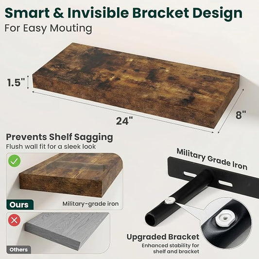 Floating Shelves for Wall, 24 Inch x 8 Inch Deep Wall Mounted Wood Shelf with Invisible Brackets for Storage & Display, Living Room Bedroom Kitchen, Rustic Brown, Set of 2