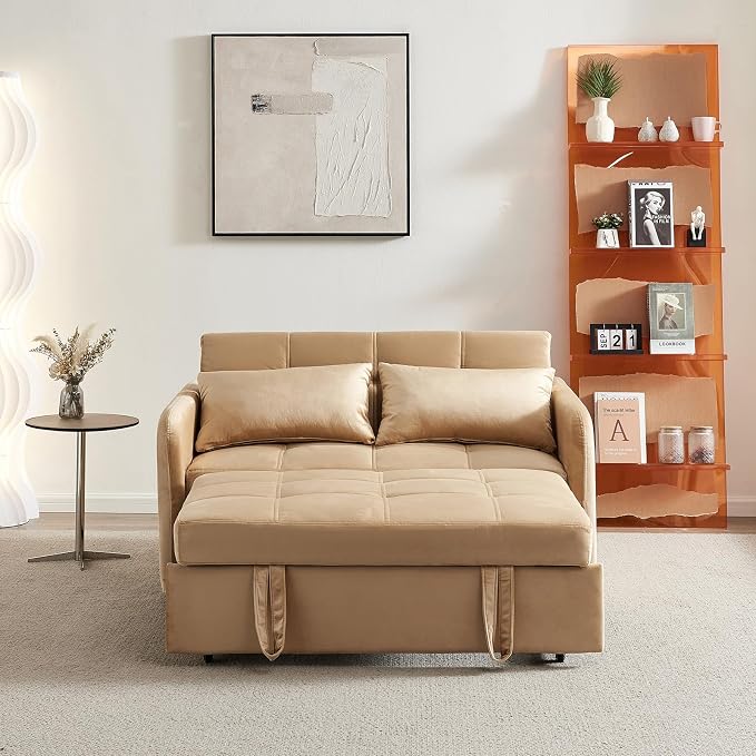 55.5" Velvet Convertible Sofa Bed, Pull Out Sleeper Sofa Bed, Loveseat Couch with USB Charging Ports, 3 in 1 Convertible Sleeper Sofa Bed for Living Room, Apartment, Bedroom, RV, Khaki