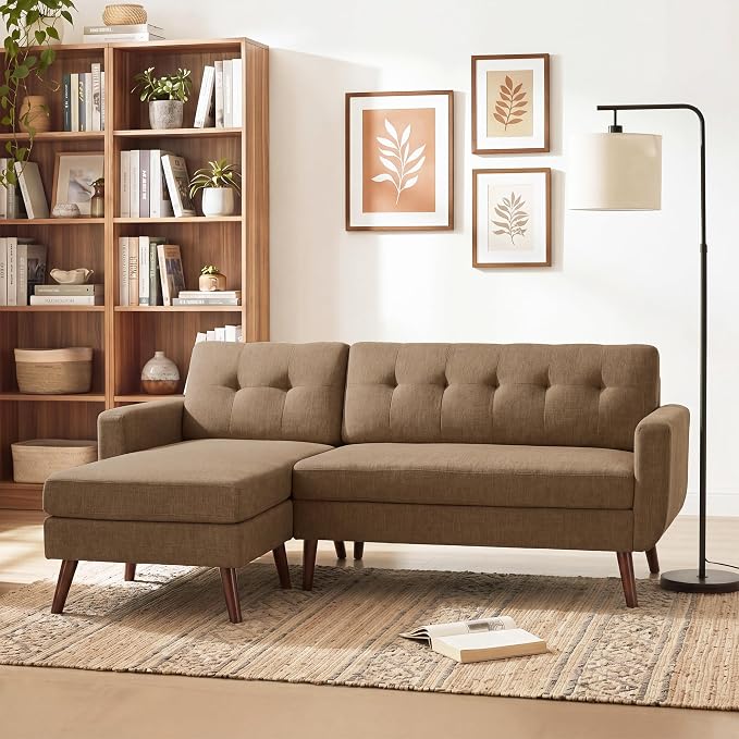 Tbfit L Shaped Couch Sofa, 80" W Mid-Century Modern Sectional Couches, 3 Seater Sofas with Wide Chaise Lounge, Button Tufted Upholstered Sectional Sofa for Living Room, Bedroom, Brown