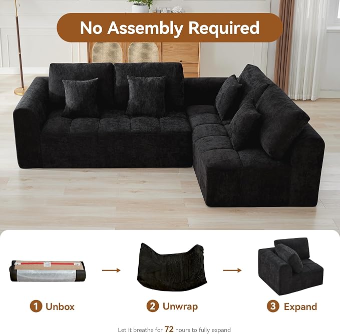 110''Modular Sectional Couches for Living Room, Cloud Boneless Compressed Sofa Right Facing Chaise, Oversized L Shaped 4 Seater Memory Foam Sofa, No Assembly, Chenille Black