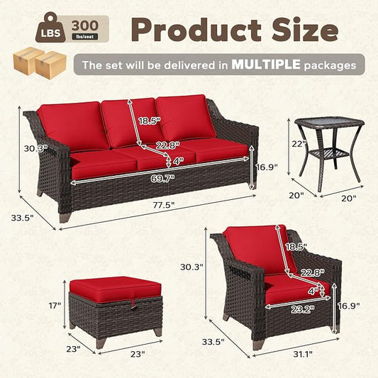 6 Pieces Patio Conversation Furniture Set - 1 Sofa, 2 Armchairs, 2 Ottomans, 1 Side Table, Outdoor Wicker Furniture with Removable Cushions for Porch, Balcony, Sunroom (Red)