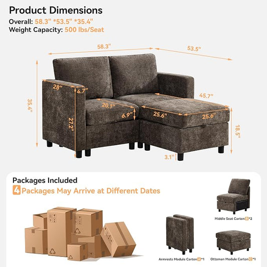 WUTUTUEE 58'' Modular Sectional Loveseat Sofa with Storage, Comfy Office L Shaped Sofa Couch, Chenille Love Seat Modular Sectional Couch with Movable Ottoman for Living Room, Bedroom, Brown