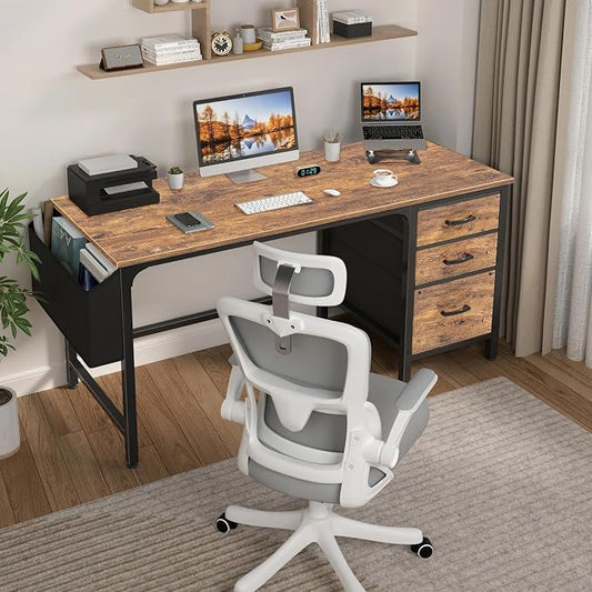 Lufeiya Computer Desk with Fabric File Drawers Cabinet, 55 Inch Reversible Home Office Desks with Filing Cabinet for Small Space, Study Writing Table PC Desks with Storage for Bedroom, Rustic Brown