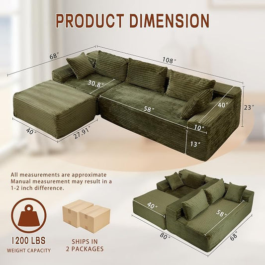 Korser 108" L-Shaped Modular Sectional Sofa with Chaise, Boneless Comfy Corduroy Fluffy Couch with Deep Seat and Side Pockets, Flexible Module Combination for Living Room, No Assembly, Side Pockets