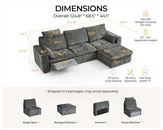 124.8'' Oversized Power Recliner Sofa with Headrest, Extra Wide Modular Cloud Sectional Reclining Couch, Convertible 4-Seater with Storage Ottoman for Home Theater Living Room, Chenille, Grey